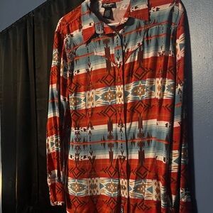 Red and Blue Patterned Button-Up Shirt